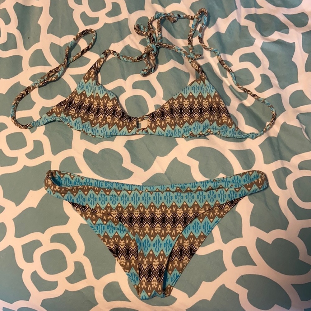Frankie's Bikinis Blue and Brown Patterned Bikini